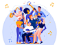 The Music Band character design music application music app singer trumpet double bass banjo mandolin saxophone musician guy girl flat character texture design vector illustration