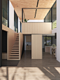 【楼梯】：与建筑外部强烈的工业风相比，房屋内部采用了大面积的木质饰面，与外部景观更为和谐的同时也让居家空间显得温馨舒适。
