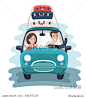 Vector cartoon illustration of young Travelers. Family couple take travel trip in car with a Lot of Bags. Roof luggage