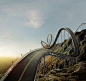 Mercedes Benz - Rollercoaster Road : Ruta con trayecto de montaña rusa para Mercedes Benz., Diseño de Ruta, guardrails. Iluminación y render. Retoque fotográfico en Posti FotografíaRollercoaster road, 3d design of road, guardrail, and post production done