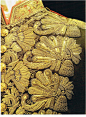 Fashion detail, close-up from a Russian (military?) costume, HERMITAGE. Beautiful antique goldwork embroidery.