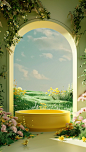 a yellow tub surrounded by flowers, grass and a view, in the style of rendered in cinema4d, arched doorways, light emerald, soft, dreamy landscapes, aesthetic, monochromatic palette, utopian visio