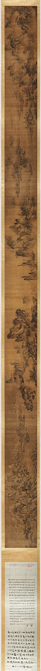 【 南宋 李唐（传）《四季山水图》 】卷，绢本设色，32×515.5cm，日本京都高桐院藏。此卷以开阔的画面展示了从卷头的春景开始到卷末的冬景结束，连续画出了四季山水的变迁。仔细观摩之，这一春夏秋冬的四季也分别画成孟、仲、季三景，并且通过巧妙的布置而连成一景。一卷四季变化实属罕见。