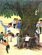 70、80、90年代五、六年制小学语文课本封面、插图、文章节选（时代记忆，值得珍藏）水彩质感 跳绳小孩大树