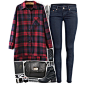 A fashion look from December 2014 featuring tartan top, low rise jeans and black handbags. Browse and shop related looks.