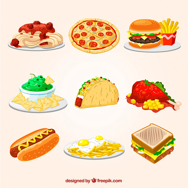 各类食物美食 手绘风格插图插画 平面菜单...