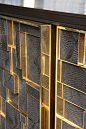 PHOENIX COLLECTION : Phoenix Sideboard Polished bronze is framing different sections of ceramic crystallized cubes which are emerging from the sideboard’s doors at four height's levels. Each front panel is bronze framed. Height : 810 mm Width : 2030 mm De