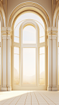 art deco window frame with arched ceiling and window ledge, in the style of light beige and gold, unreal engine 5, roni horn, energy-filled illustrations, light yellow and light gold, 32k uhd, 500–1000 ce