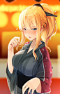 1girl alternate_costume alternate_hairstyle bangs bismarck_(kantai_collection) blonde_hair blue_eyes blurry blurry_background blush breasts collarbone eyebrows_visible_through_hair festival flying_sweatdrops hair_ornament hairclip half-closed_eyes hand_up