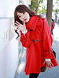 韩版秋冬女装甜美圣诞红色气质皮扣腰带连帽斗篷式毛呢大衣外套