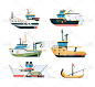 渔船。海上捕鱼帆船运输为大小型船舶矢量扁平式