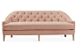 Penelope Tufted Sofa, Blush : Blush pink upholstery and elegant rolled arms add a feminine twist to this traditional button-tufted sofa. Crafted with a hardwood frame, generous padding, and a distressed finish. Exclusive to One...