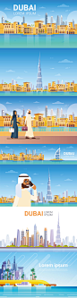 扁平化创意旅行阿联酋阿拉伯迪拜海滩旅游城市建筑风景高楼大厦banner海报ui设计h5素材