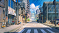 Anime 1920x1080 Japan Tokyo street building bicycle crosswalk digital art house sign clouds sky car stores