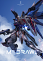 absurdres artist_name beam_rifle blue_sky brayanong999 character_name clouds cloudy_sky commentary_request energy_gun english_commentary english_text flying freedom_gundam gun gundam gundam_seed highres holding holding_gun holding_weapon logo mecha mobile