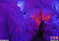 组图：实拍瑞士“冰宫”紫色梦幻【当地时间2月8日，瑞士施瓦尔茨湖，参观者穿过灯光映衬下的“冰宫”进行参观。】