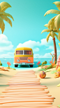 In the summer, the tourist bus stops in the middle on the beach, far from the sea, with coconut trees on both sides, 3D cartoon, blender,3d icon clay render, pastel background