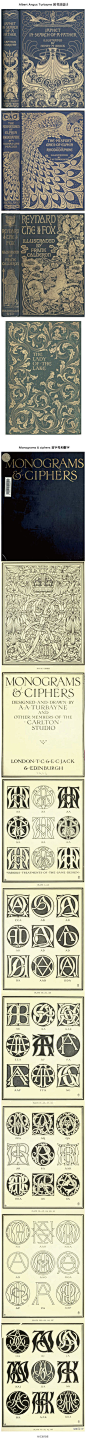 介绍1906年的首字母设计手册《Monograms & ciphers》。该书构思很有特点。作者美国人 Albert Angus Turbayne (1866-1940) 书籍设计师。美国新艺术代表作品里常有他的孔雀海报，但他却是十足的洋插队，曾效力于伦敦CarltonStudio，在黄金时代度完余生。http://t.cn/zTLOHV3 via：彭元Wessinger_und_Peng