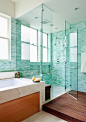 【色调】The tile and design. So pretty. Same bathroom/different view. Turquoise spa-inspired bathroom. House of Turquoise.: