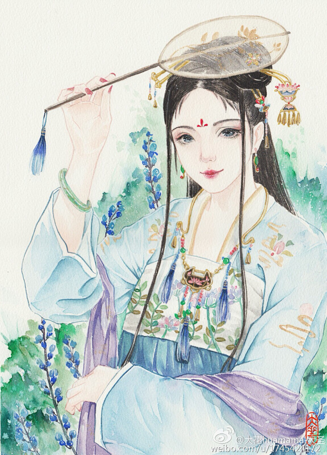 古风手绘美人 水彩插画 大花huamam...