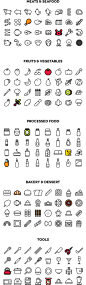 160 Cooking Icons : This is a set of 160 cooking line type icons, with solid and colored version.It is seperated into 5 parts; meat&seafood, fruits&vegetable, processed food, bakery&dessert, tools.Most icons are designed in 72x72px square, but