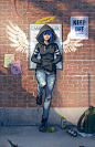 Anime 1920x2967 women drawing hoods angel torn jeans graffiti