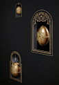 The Golden Goose : Inspired by fairy tales and Moroccan architecture, we created a room in which a shining, golden goose is caged, her eggs collected one by one and suspended inside arches carved into the walls. The goose is made entirely out of golden pa