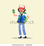 Playing boy with a smartphone in hand. Vector illustration of a flat design