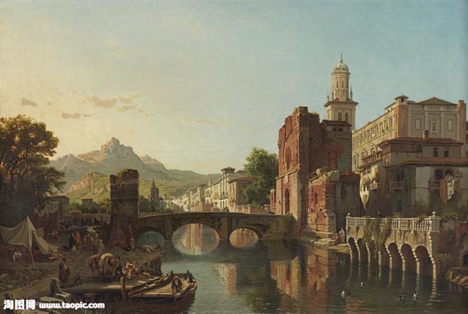欧洲城市河流桥梁油画