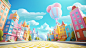 a cartoon checkered city street , in the style of seapunk, vray, energetic gestures, chad knight, meticulous realism, clean and simple designs, detailed skies