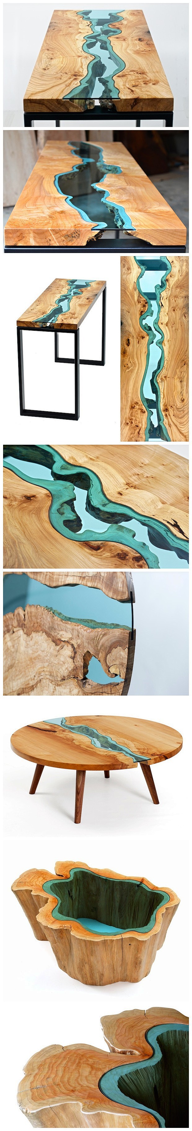 用废木头和玻璃做成的河流桌子 美国西北部...