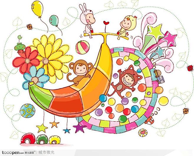 可爱儿童插画－坐在香蕉月亮上的猴子