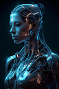Generate an image of a futuristic cyborg that resembles a human, but with a blueprint pattern covering its body. The cyborg should have intricate circuitry and metallic joints, with glowing neon lights throughout its body, creating a mesmerizing effect. U