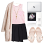 A fashion look from July 2015 featuring pink cardigan, silk top and golf skirts. Browse and shop related looks.