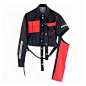 Maria ke Fisherman BROKEN WORKWEAR SHIRT BLACK-RED ($685) ❤ liked on Polyvore featuring tops, red top, workwear shirts, shirt top and red shirt