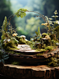 Empty background product photography, forest style, blue sky, sunlight, soft and ethereal, detailed, miniature, wood, HD, 8K, plants and trees on rocks, montage