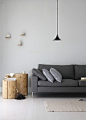 woven grey sofa, raw wood end tables, minimal//: