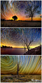 [【摄影】今夜的星空，极致的美丽！！①] 超长曝光拍摄夜空 神似梵高名作,澳大利亚摄影师林肯·哈里森用超长曝光技术拍摄的杰作.拍摄地点在澳大利亚本迪戈艾佩洛克湖边.一般的超长曝光是2到3小时,但是这些照片却曝光了15个小时，因此夜空的恒星都连成了线,让人看到星星在夜空运动的痕迹