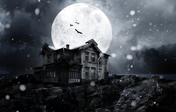 桌布鬼屋，满月，月光，月亮，蝙蝠，雪，晚...