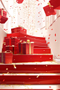 Confetti flowing down the stairs inside a red box, in the style of luxurious interiors, white and gold, piles/stacks, clean and simple designs, decorative borders, wrapped, felt creations
