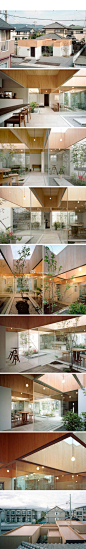 #建筑# 【Table Hat 咖啡屋】这座名为Table Hat的小咖啡屋，位于日本神奈川小田原市一条安静的居住区街道。建筑不大，只有49.51平米，但内部却不显狭窄，通过玻璃的内置隔墙和天井的设置使得室内空间通透明亮。建筑的木质屋顶很有特色，其大小不一的体量对应着不同的内部空间。