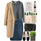 A fashion look from December 2014 featuring slouchy sweater, beige coat and mid length denim skirt. Browse and shop related looks.