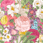 优雅复古手绘花卉背景矢量素材，素材格式：EPS，素材关键词：花卉,牡丹花,手绘,百合花,水仙花,月季花