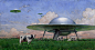 General 1536x800 fantasy art nature artwork aliens UFO cow animals grass painting John Brosio oil painting clouds