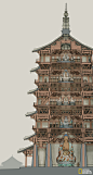 佛宫寺释迦塔位于山西省应县城内西北隅，是中国乃至世界现存最古老、最高大的全木结构高层塔式建筑，俗称“应县木塔”，建于辽清宁二年（1056），外观为五层，实为九层：每两层之间设有一个暗层，这个暗层从外看是装饰性很强的斗拱平座结构，从内看却是坚固刚强的结构层。