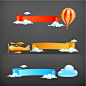 3款卡通飞行工具banner矢量素材，素材格式：EPS，素材关键词：banner,云朵,飞机,丝带,热气球,条幅