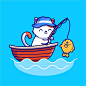 船上钓鱼的小猫咪，卡通矢量图插画矢量图素材