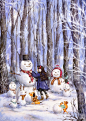 冬日系列_与小伙伴一起堆出雪人家族 ~ 来自韩国插画家Aeppol 的「森林女孩日记」系列插画。