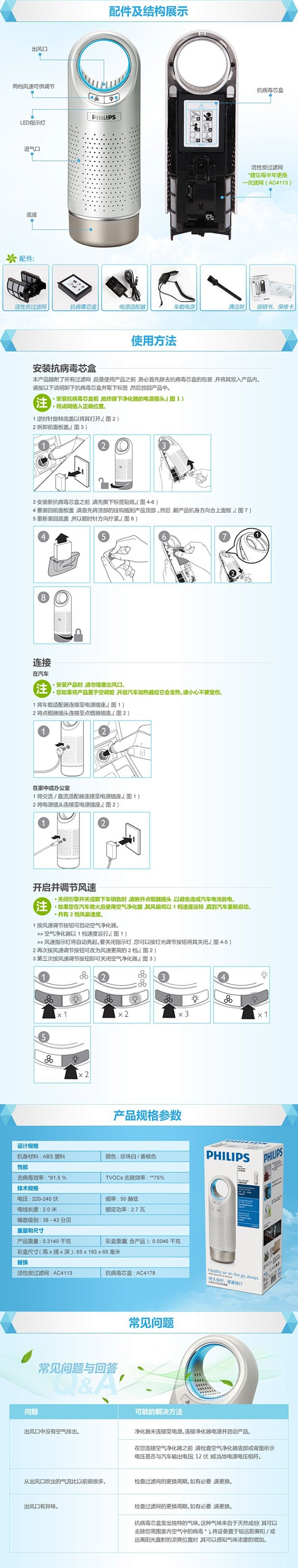 飞利浦车载空气净化器AC4030便携除甲...