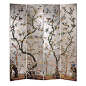 Inviting Home - Folding Screen with Silver-Leaf Background - decorative folding screen with hand painted birds flowers and blossoming trees on a silver leaf background overall - 72"W x 78"H each panel - 18"W Stunning hand-crafted four-panel